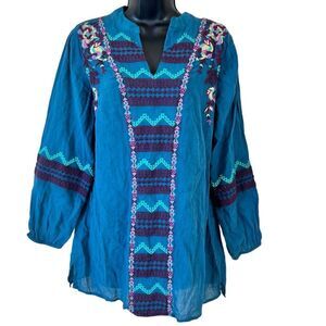 SOFT SURROUNDINGS Teal Embroidered Peasant Blouse Tunic